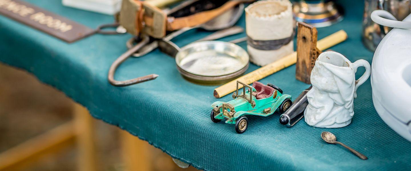 table full of bric a brac